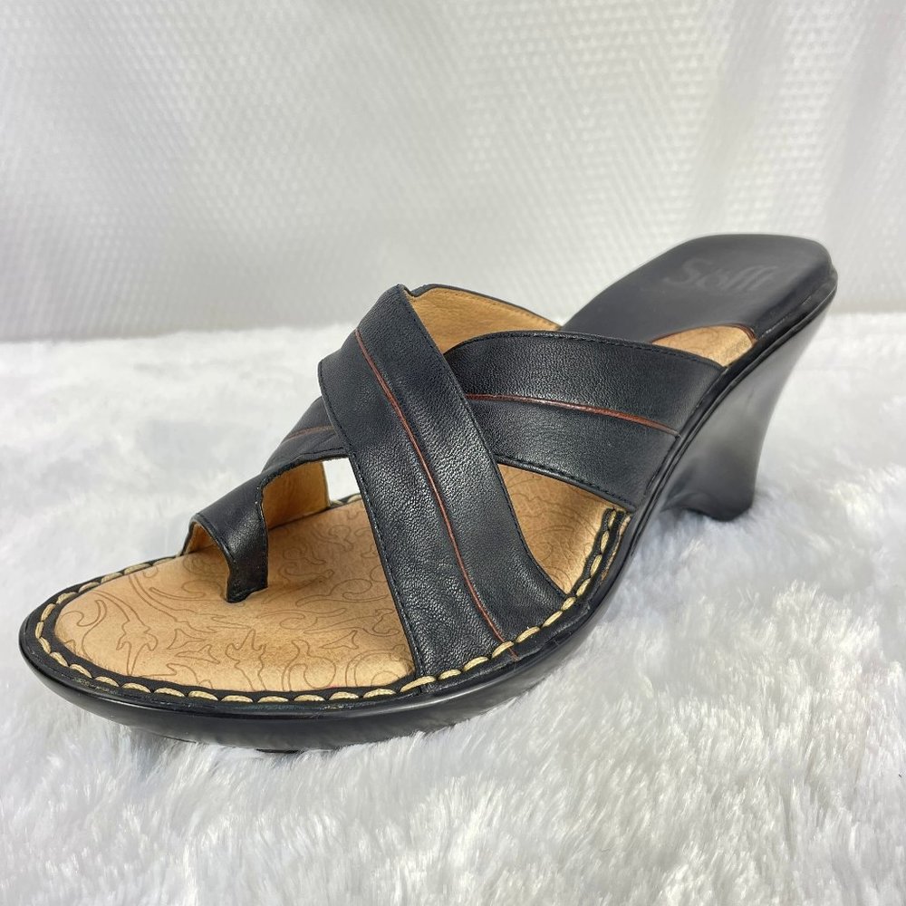 NEW! SOFFT leather sandal w/ brown trim on 2 criss-cross straps - SZ 7.5